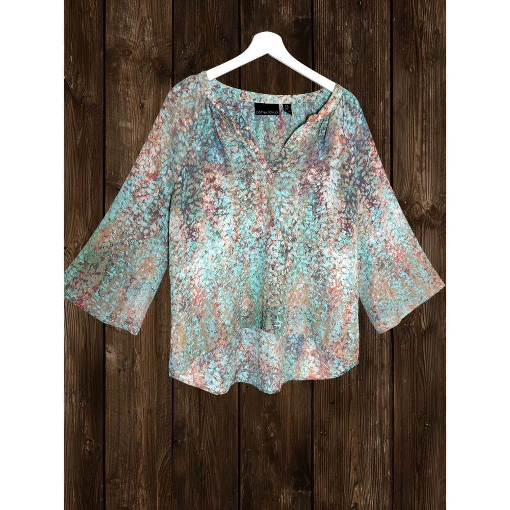 Cynthia Rowley Watercolor Print Blouse Top M Multicolor 3/4 Wide Sleeves Coastal
